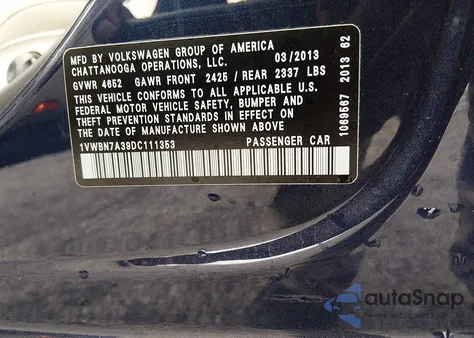 2013 Volkswagen Passat 2.0L Tdi Se z USA, uszkodzony, nr VIN 1VWBN7A39DC111353